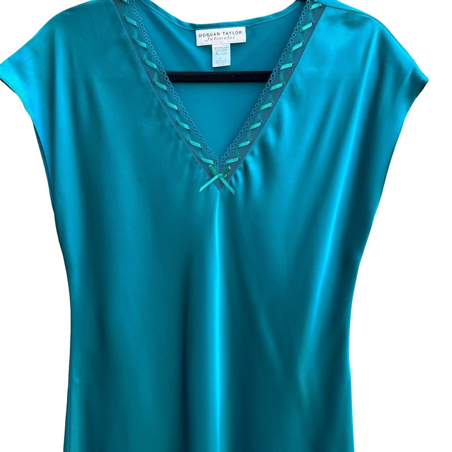 Morgan Taylor Intimates Teal Satin Chemise Nightgown Sleepwear Ribbon L Romantic