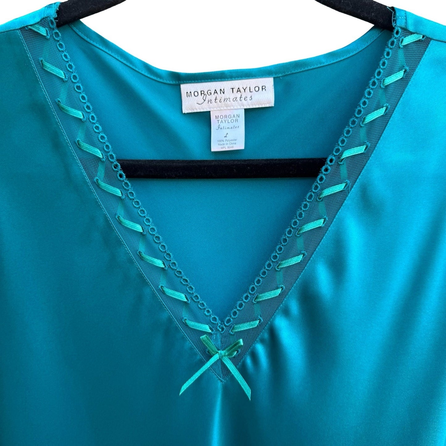 Morgan Taylor Intimates Teal Satin Chemise Nightgown Sleepwear Ribbon L Romantic