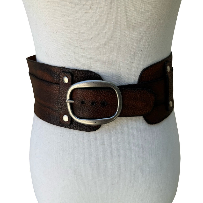 Vintage Y2K Steampunk Western Boho Edgy Brown Distressed Leather Wide Cinch Belt