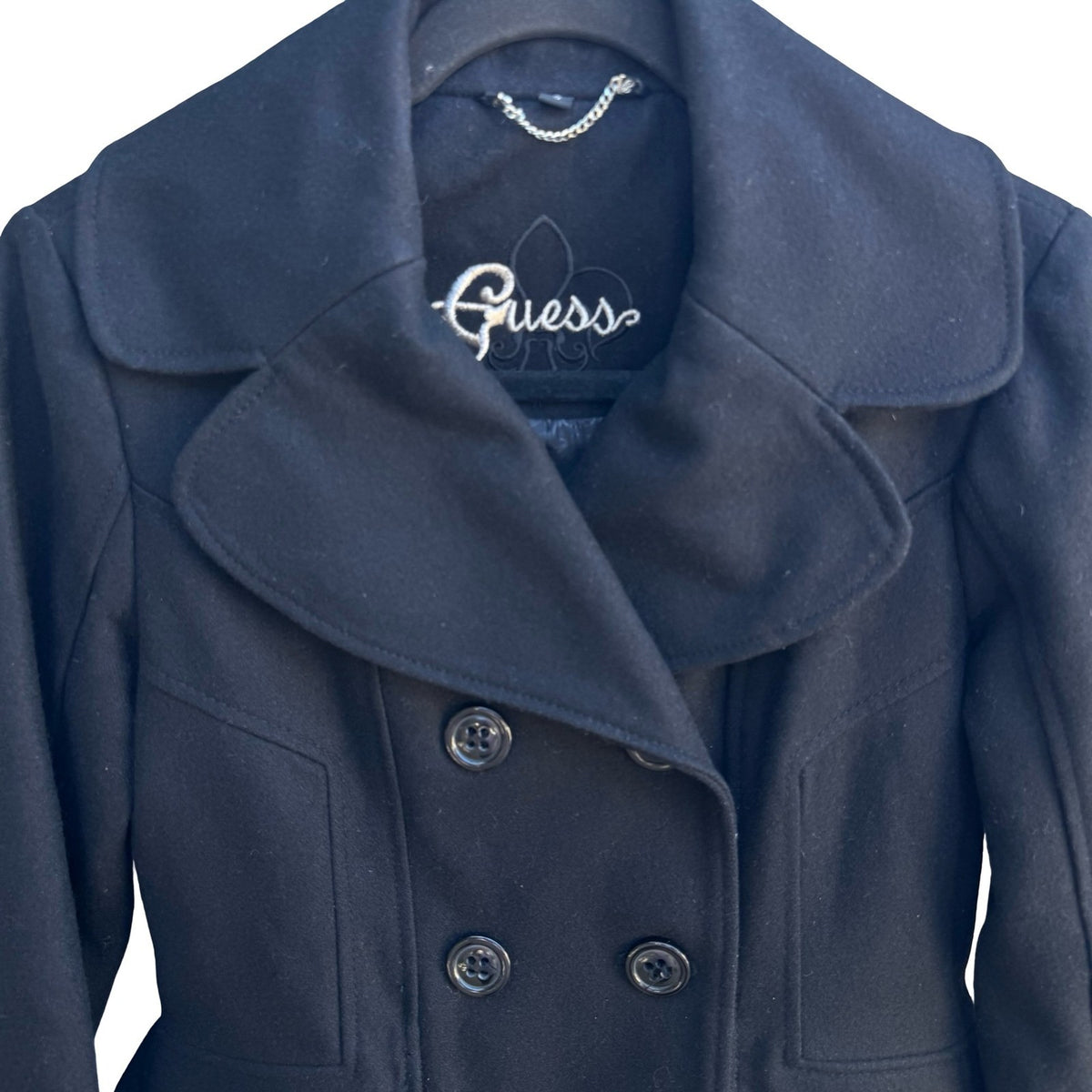 Guess Dark Academia Preppy Tailored Wool Blend Double Breasted Pea Coat Black S