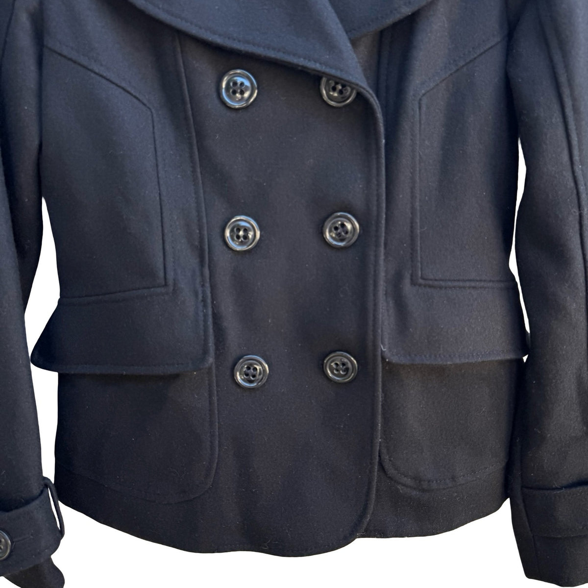 Guess Dark Academia Preppy Tailored Wool Blend Double Breasted Pea Coat Black S
