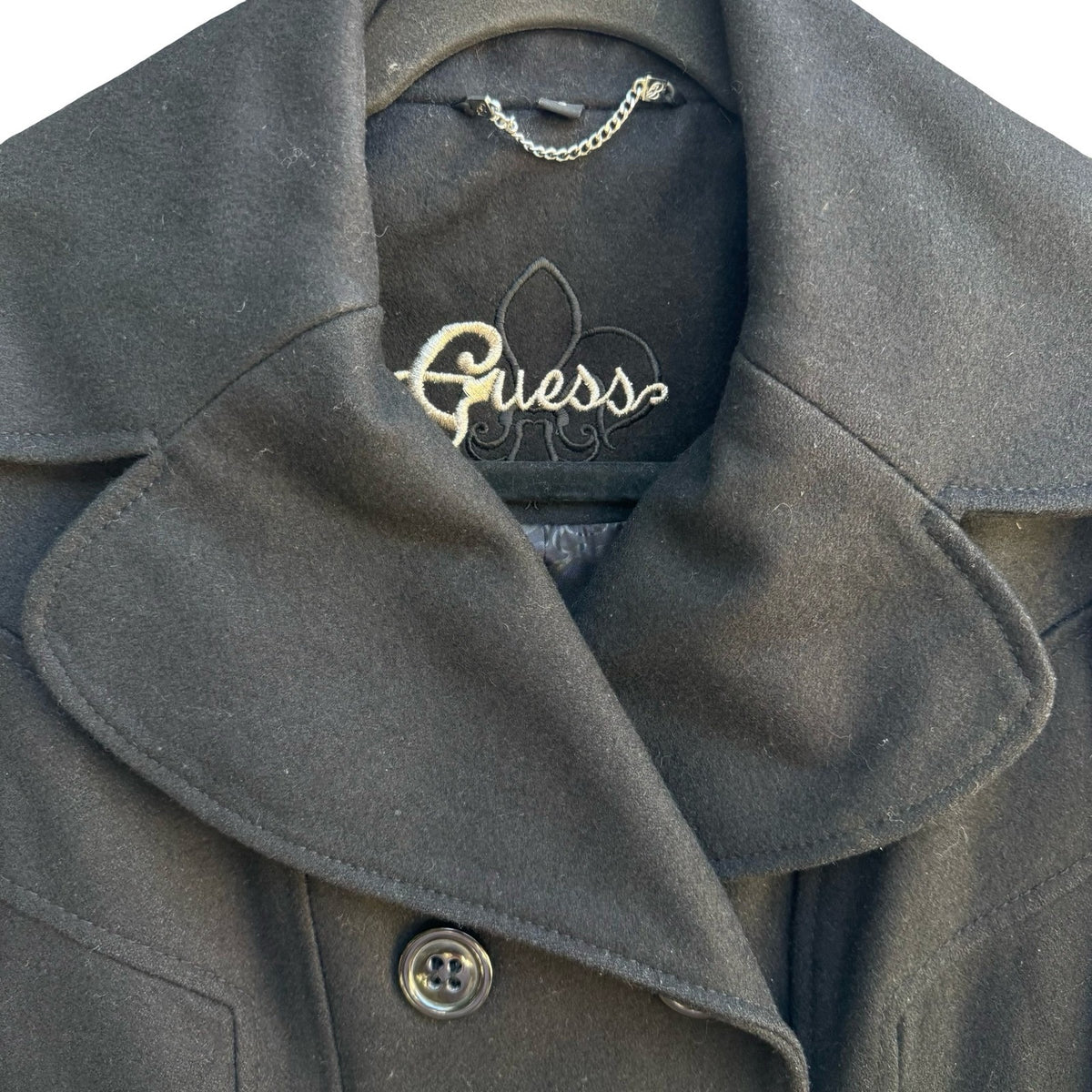 Guess Dark Academia Preppy Tailored Wool Blend Double Breasted Pea Coat Black S