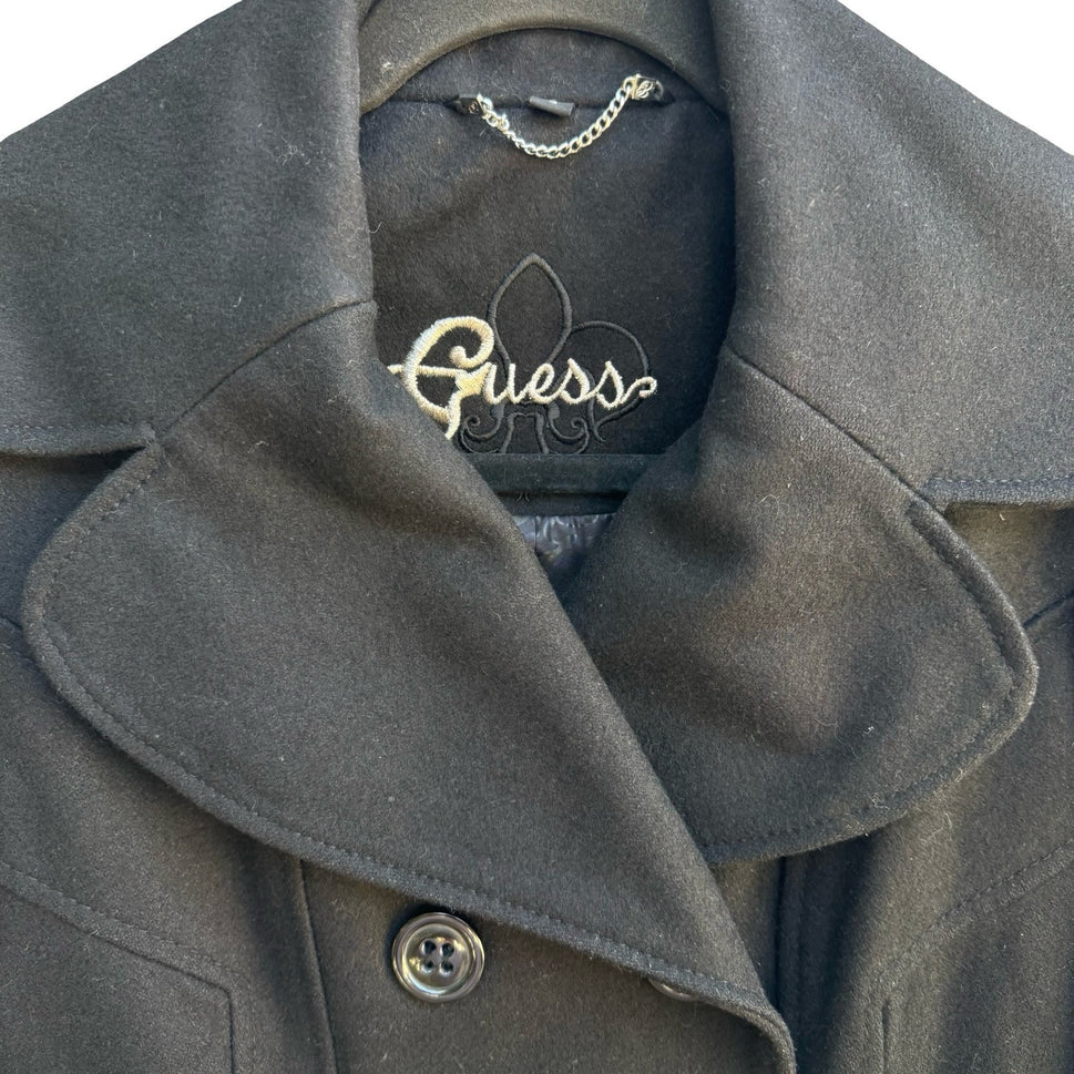 Guess Dark Academia Preppy Tailored Wool Blend Double Breasted Pea Coat Black S