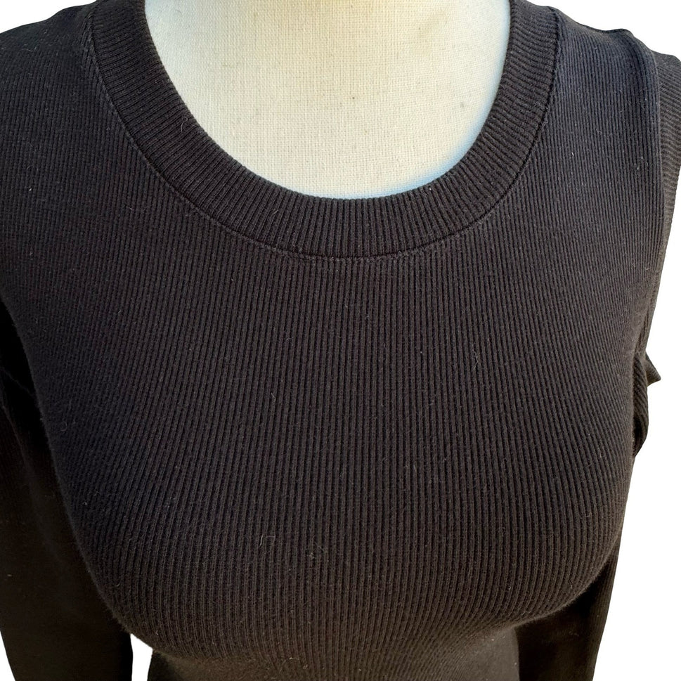 Avec Les Filles Minimalist Cold Shoulder Ribbed Ruffle Bodycon LBD Mini Dress XS
