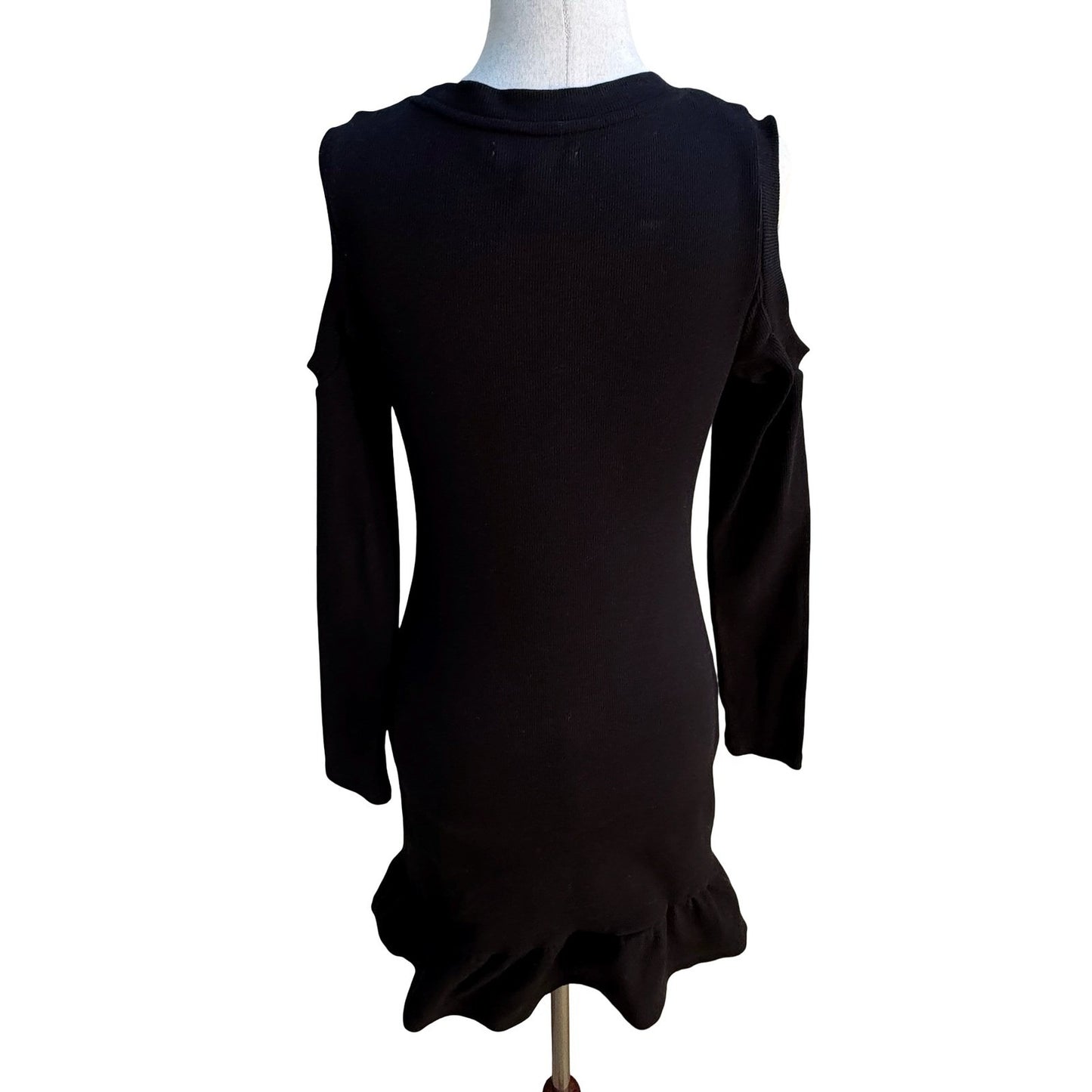Avec Les Filles Minimalist Cold Shoulder Ribbed Ruffle Bodycon LBD Mini Dress XS