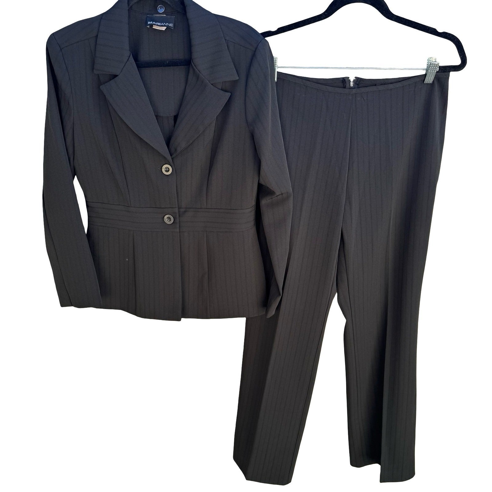 Marianne Vintage 90s Pinstripe Blazer Pant Suit Set Professional Black Womens 10
