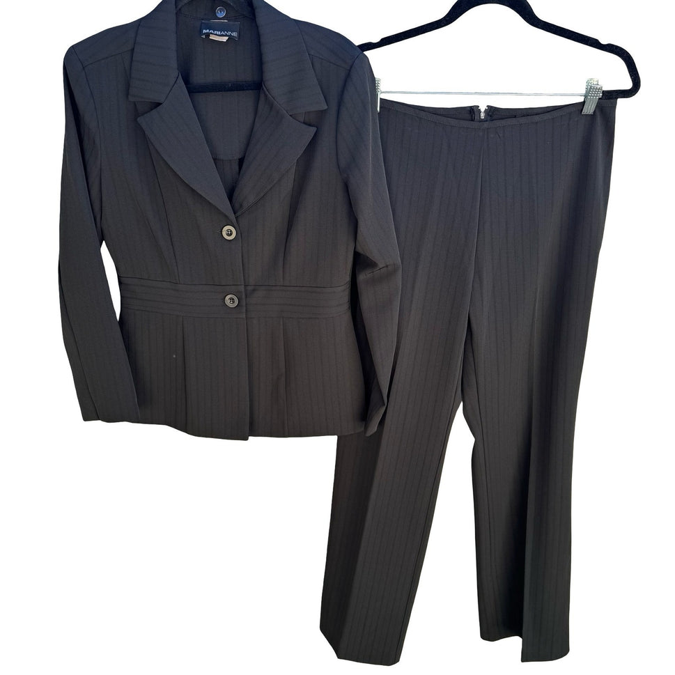 Marianne Vintage 90s Pinstripe Blazer Pant Suit Set Professional Black Womens 10