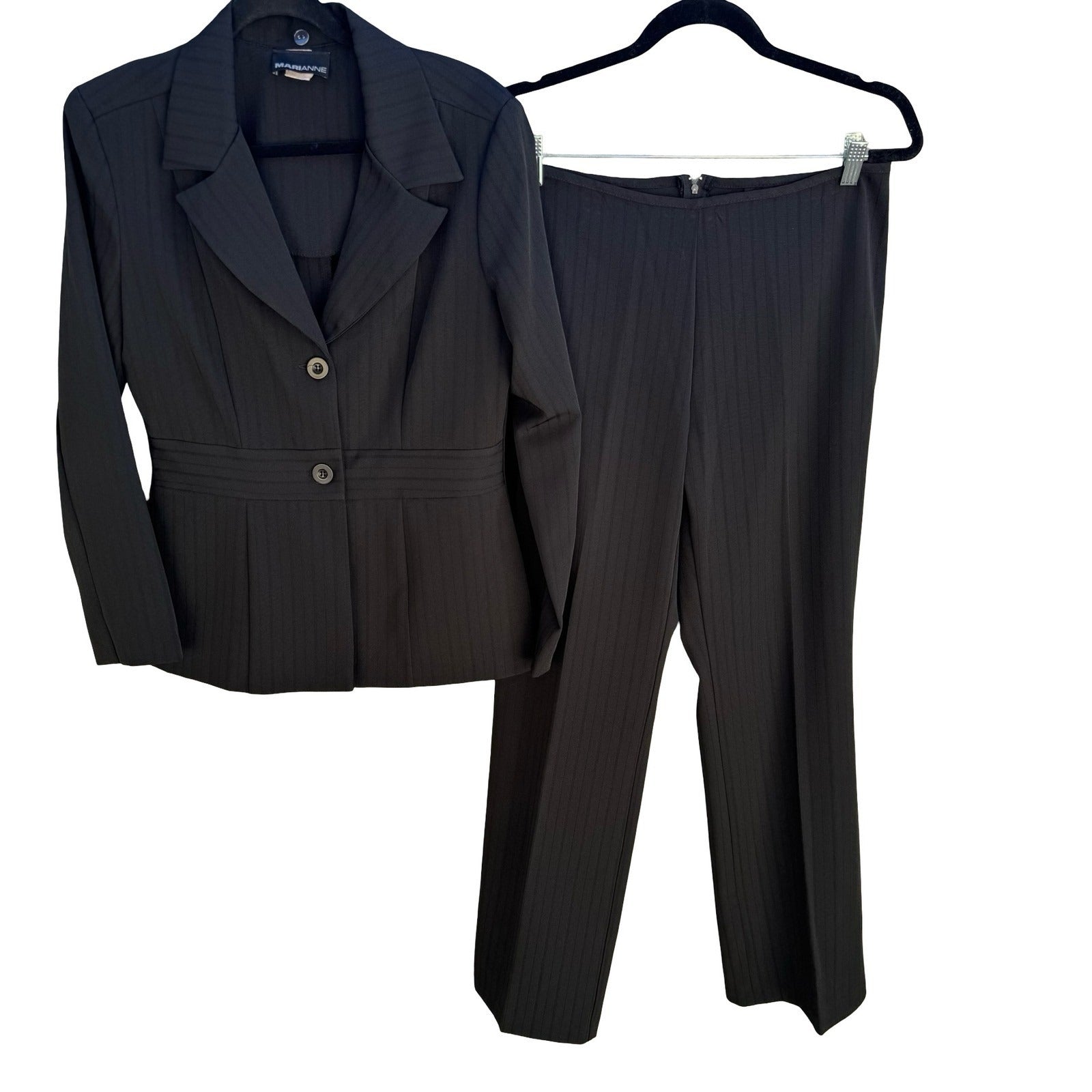 Marianne Vintage 90s Pinstripe Blazer Pant Suit Set Professional Black Womens 10