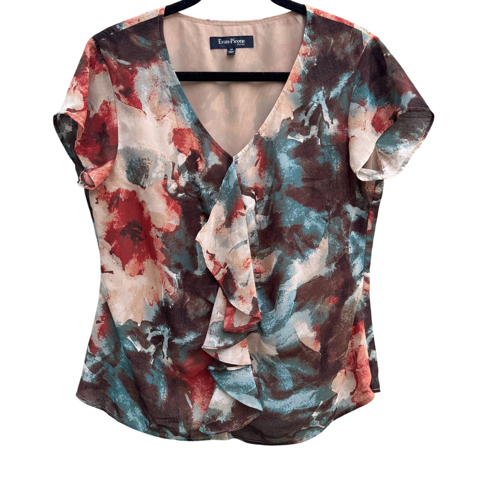 Evan-Picone Womens Red Floral Ruffle V-Neck Short Sleeve Lightweight Blouse 12P