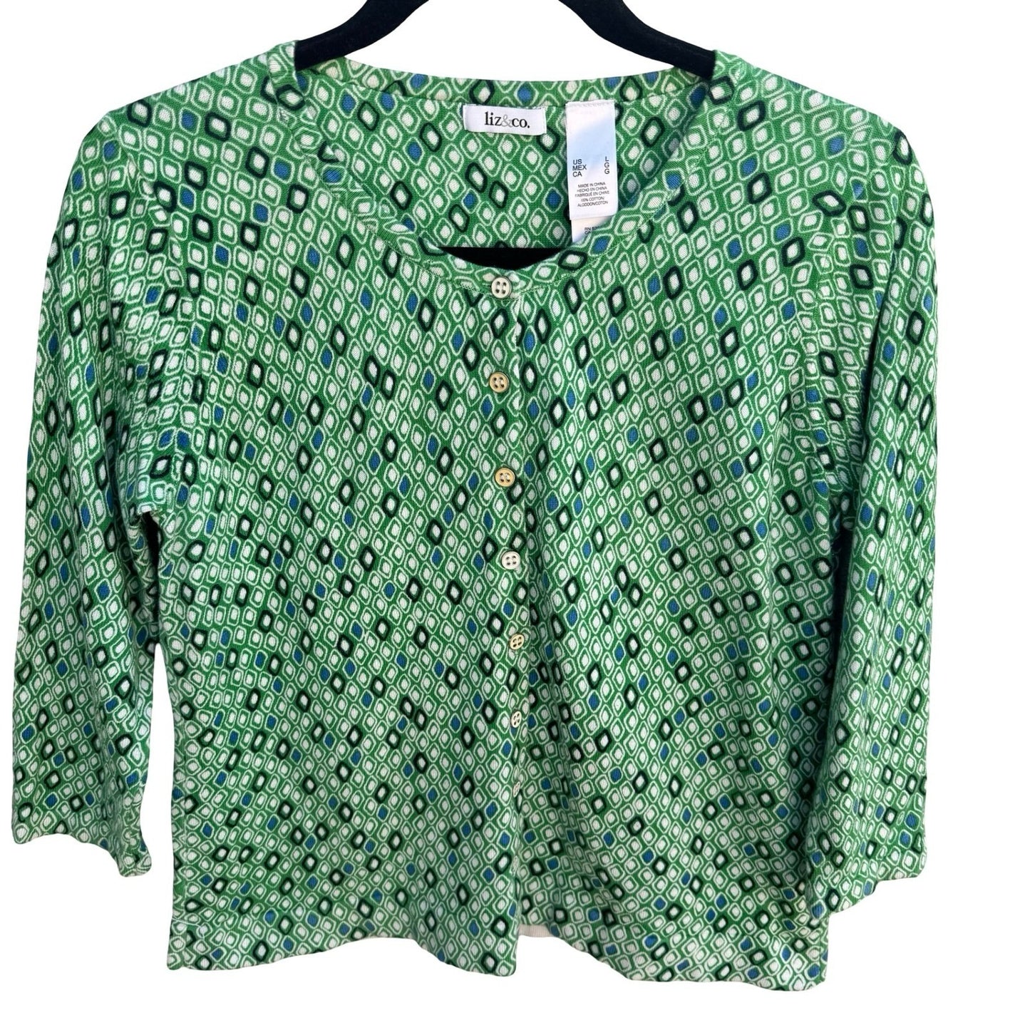 Liz & Co Womens Green Geometric Diamond Print 3/4 Sleeve Cotton Cardigan Large