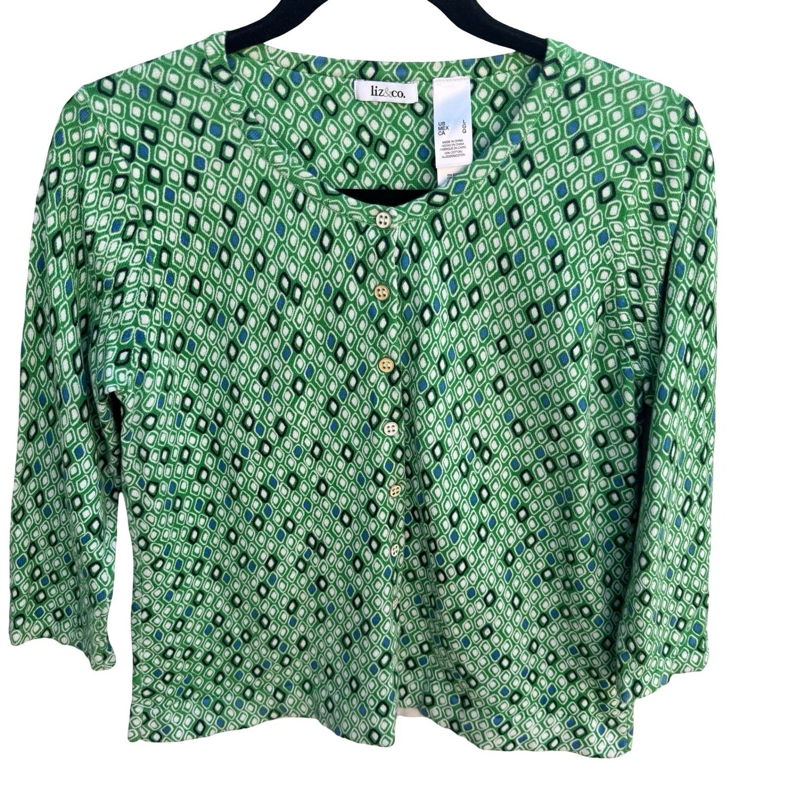 Liz & Co Womens Green Geometric Diamond Print 3/4 Sleeve Cotton Cardigan Large