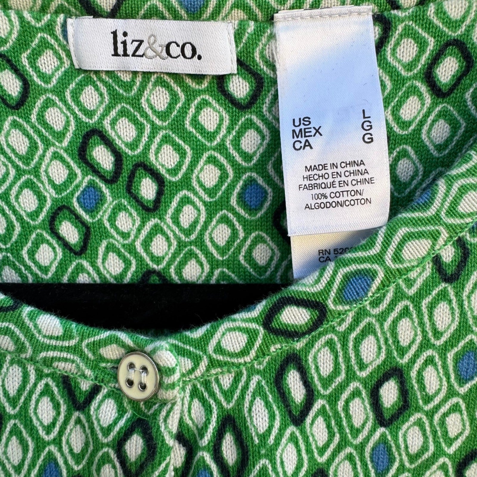 Liz & Co Womens Green Geometric Diamond Print 3/4 Sleeve Cotton Cardigan Large
