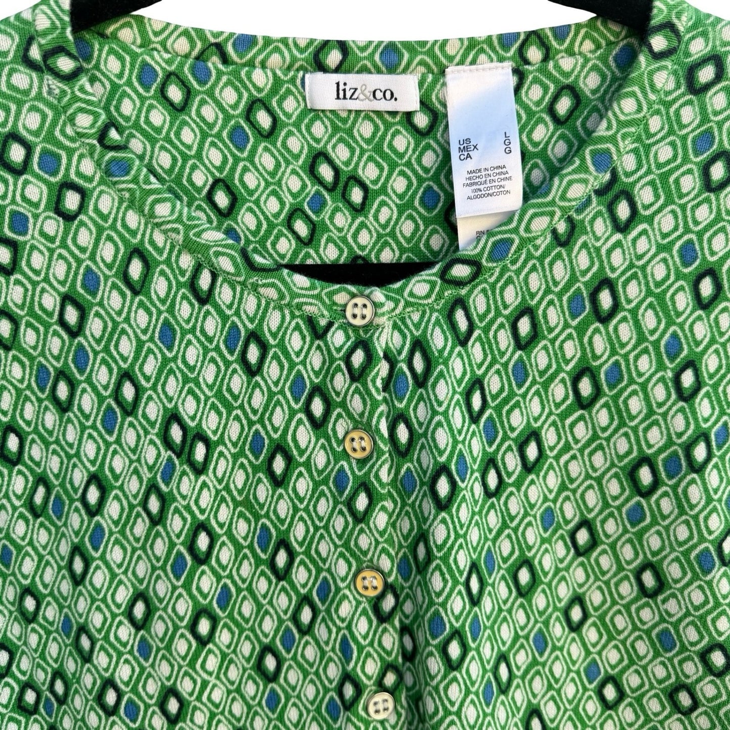 Liz & Co Womens Green Geometric Diamond Print 3/4 Sleeve Cotton Cardigan Large