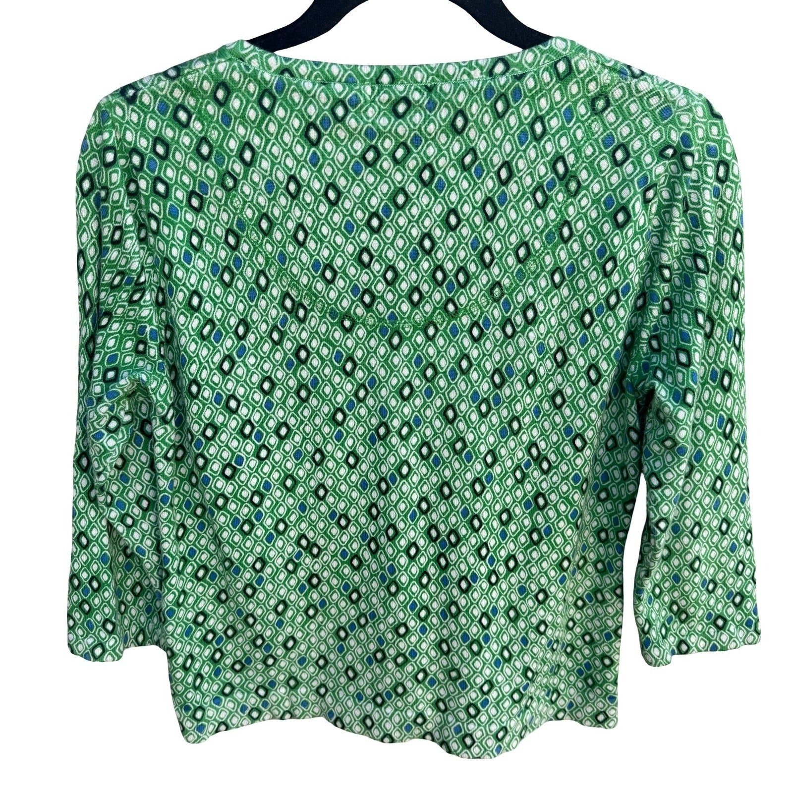 Liz & Co Womens Green Geometric Diamond Print 3/4 Sleeve Cotton Cardigan Large