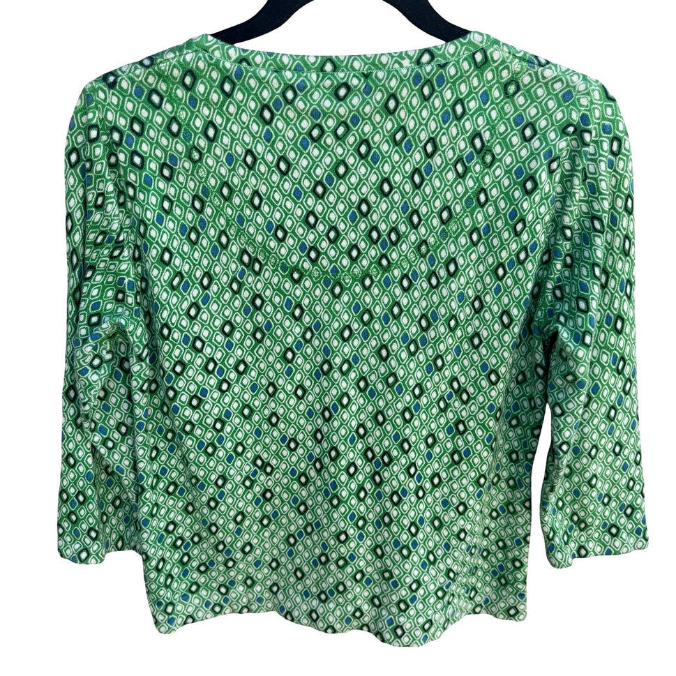Liz & Co Womens Green Geometric Diamond Print 3/4 Sleeve Cotton Cardigan Large