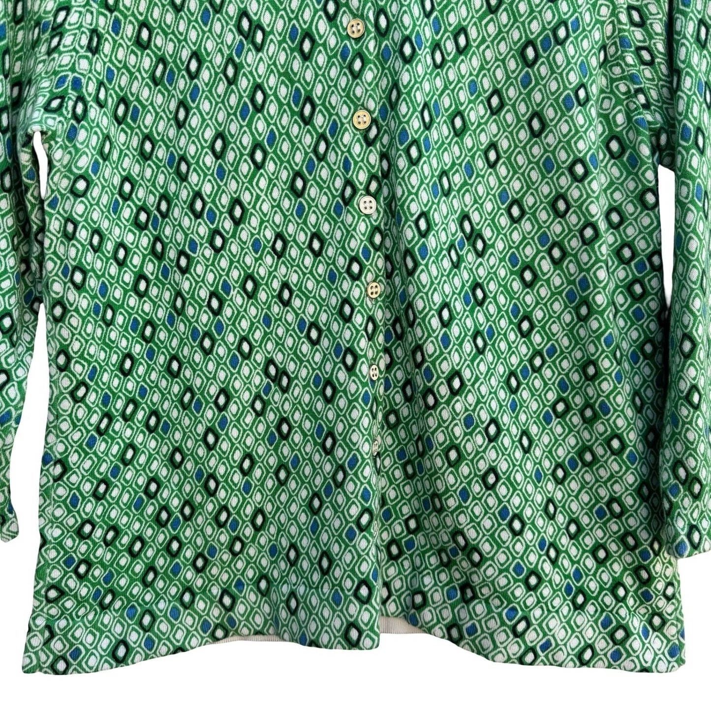 Liz & Co Womens Green Geometric Diamond Print 3/4 Sleeve Cotton Cardigan Large