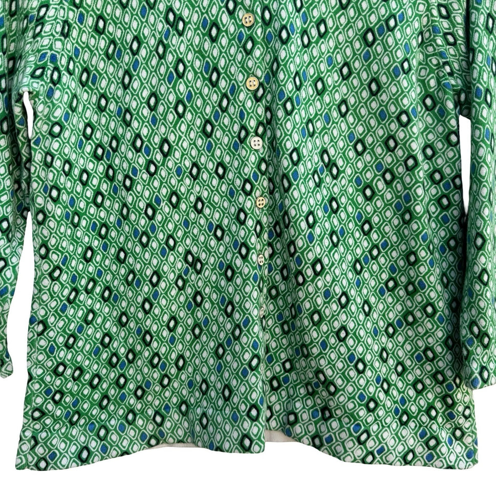 Liz & Co Womens Green Geometric Diamond Print 3/4 Sleeve Cotton Cardigan Large