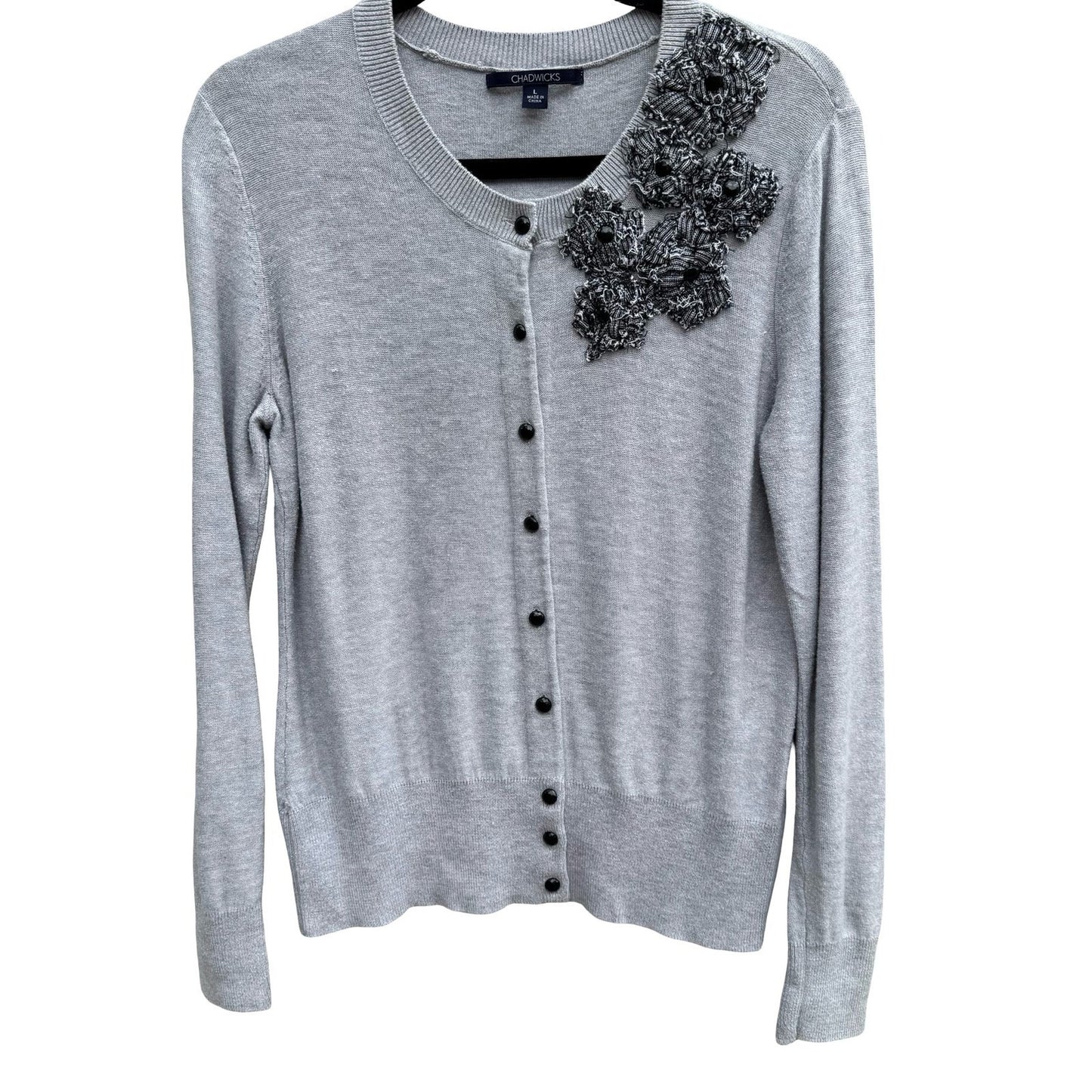 Chadwicks Gray Cardigan Sweater Large Floral Applique Beaded Coquette Chic L