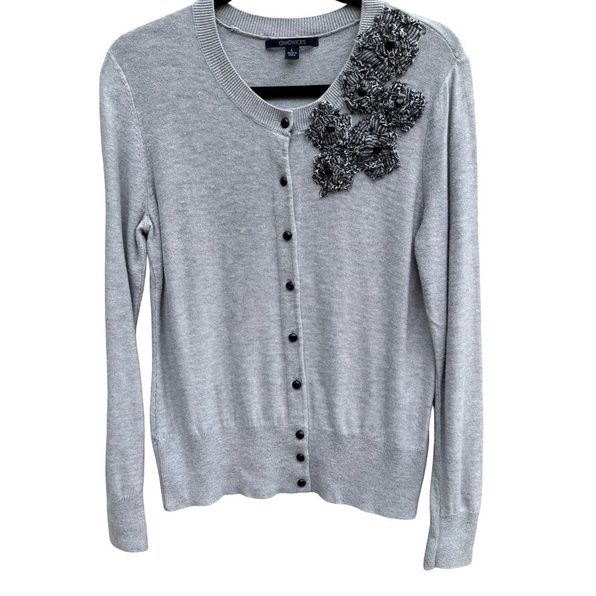 Chadwicks Gray Cardigan Sweater Large Floral Applique Beaded Coquette Chic L