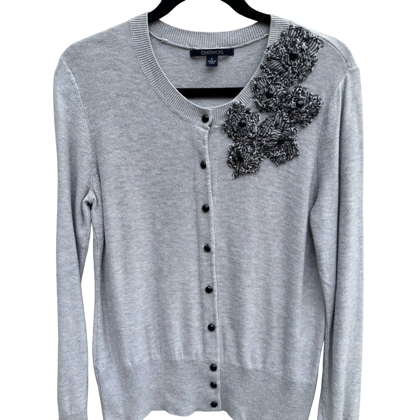 Chadwicks Gray Cardigan Sweater Large Floral Applique Beaded Coquette Chic L
