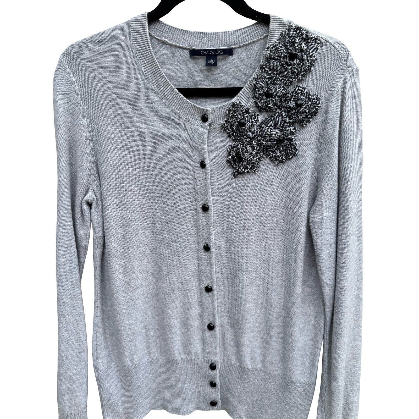 Chadwicks Gray Cardigan Sweater Large Floral Applique Beaded Coquette Chic L