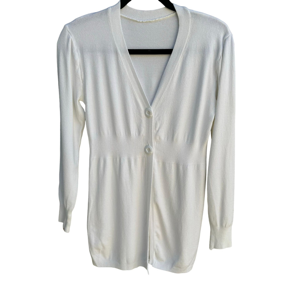 Vintage Women's White Two Button Long Sleeve V Neck Super Soft Cardigan Sweater