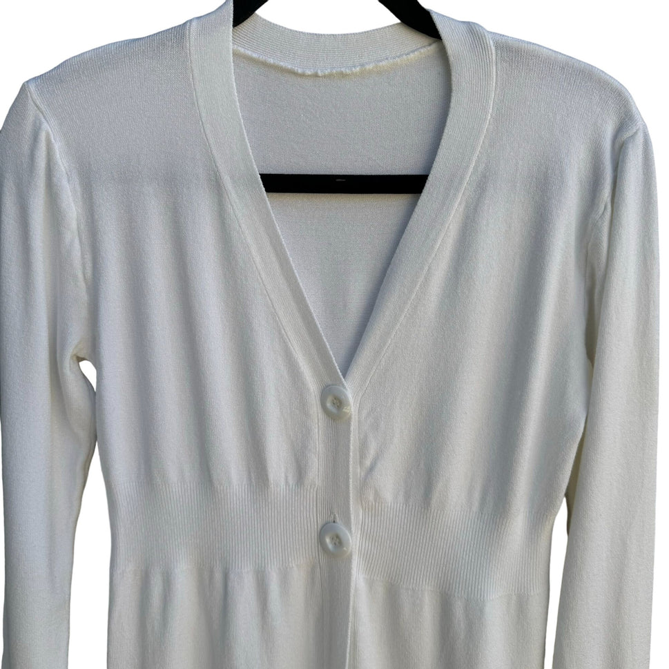 Vintage Women's White Two Button Long Sleeve V Neck Super Soft Cardigan Sweater