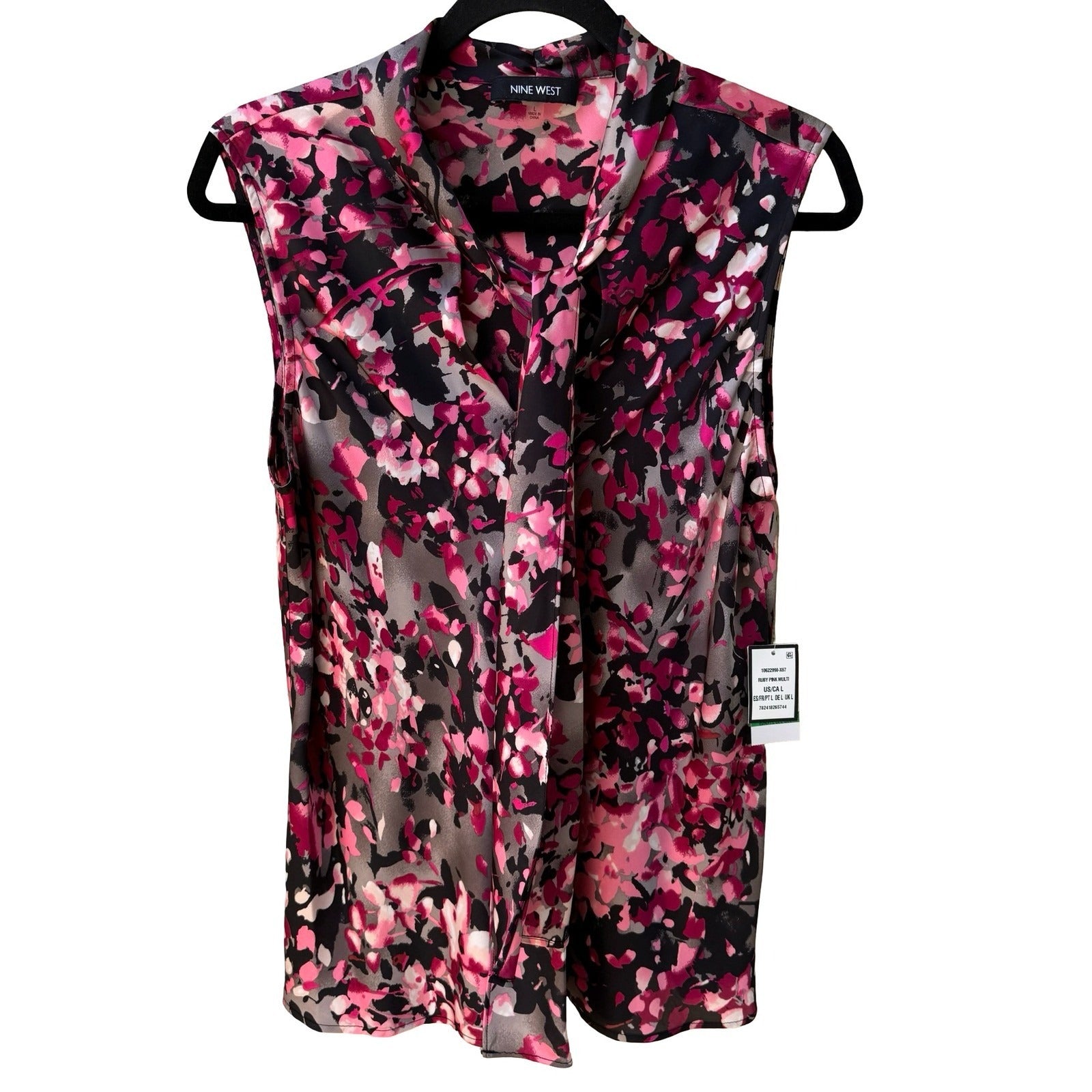 Nine West Professional Abstract Dark Floral Tie Neck Sleeveless Blouse L NEW