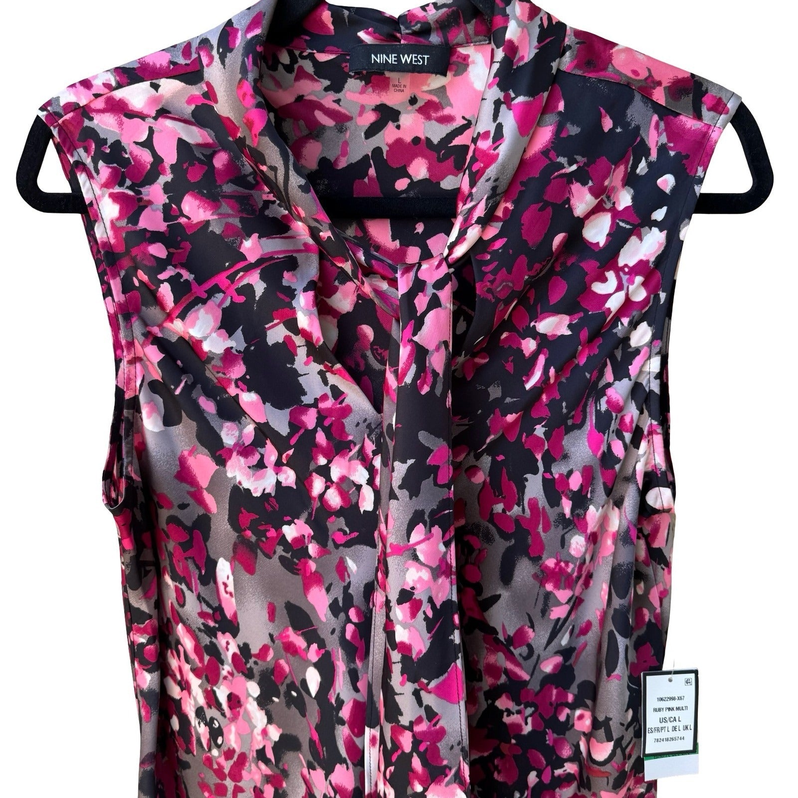 Nine West Professional Abstract Dark Floral Tie Neck Sleeveless Blouse L NEW