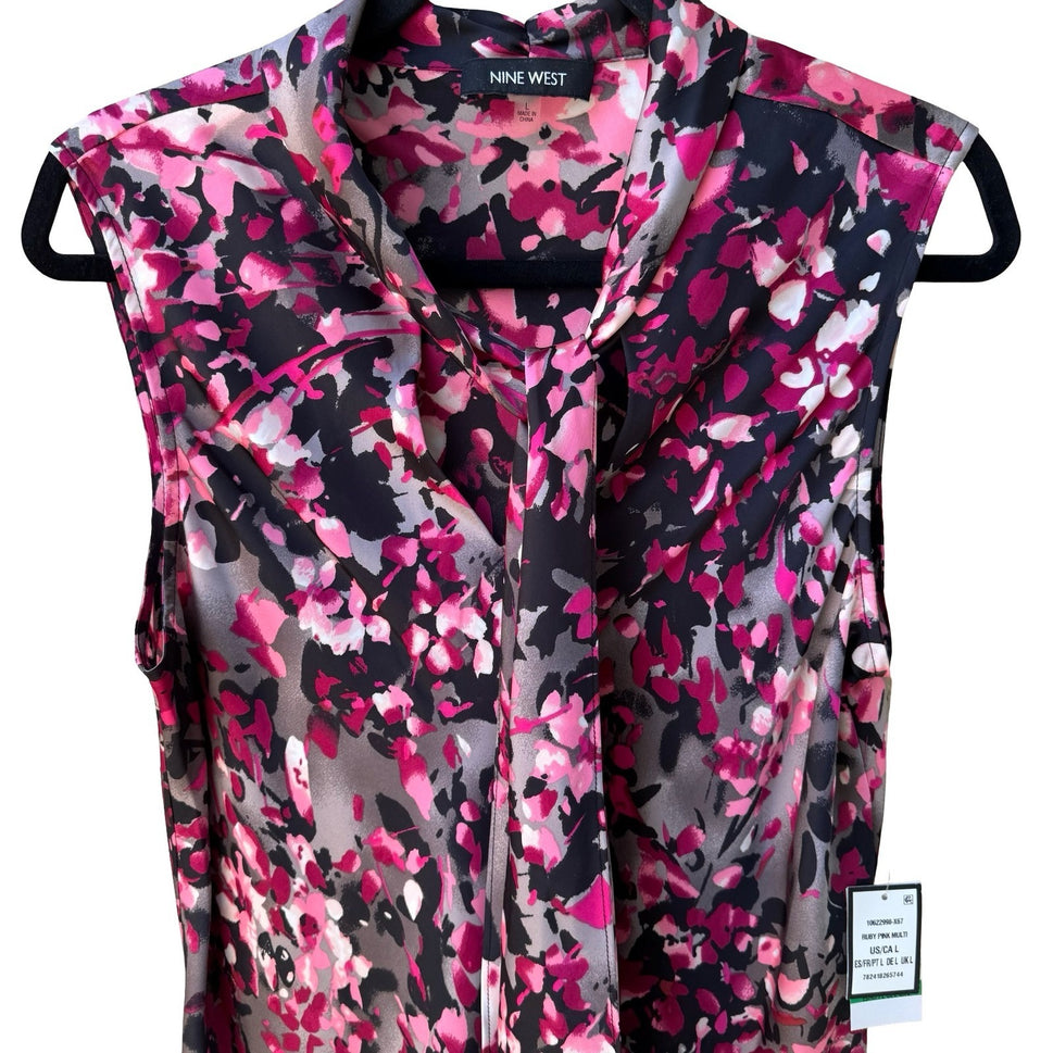 Nine West Professional Abstract Dark Floral Tie Neck Sleeveless Blouse L NEW