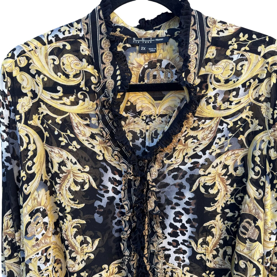 ECI New York Womens Ruffle Trim Black Gold Baroque Glam Leopard Print Blouse 2X