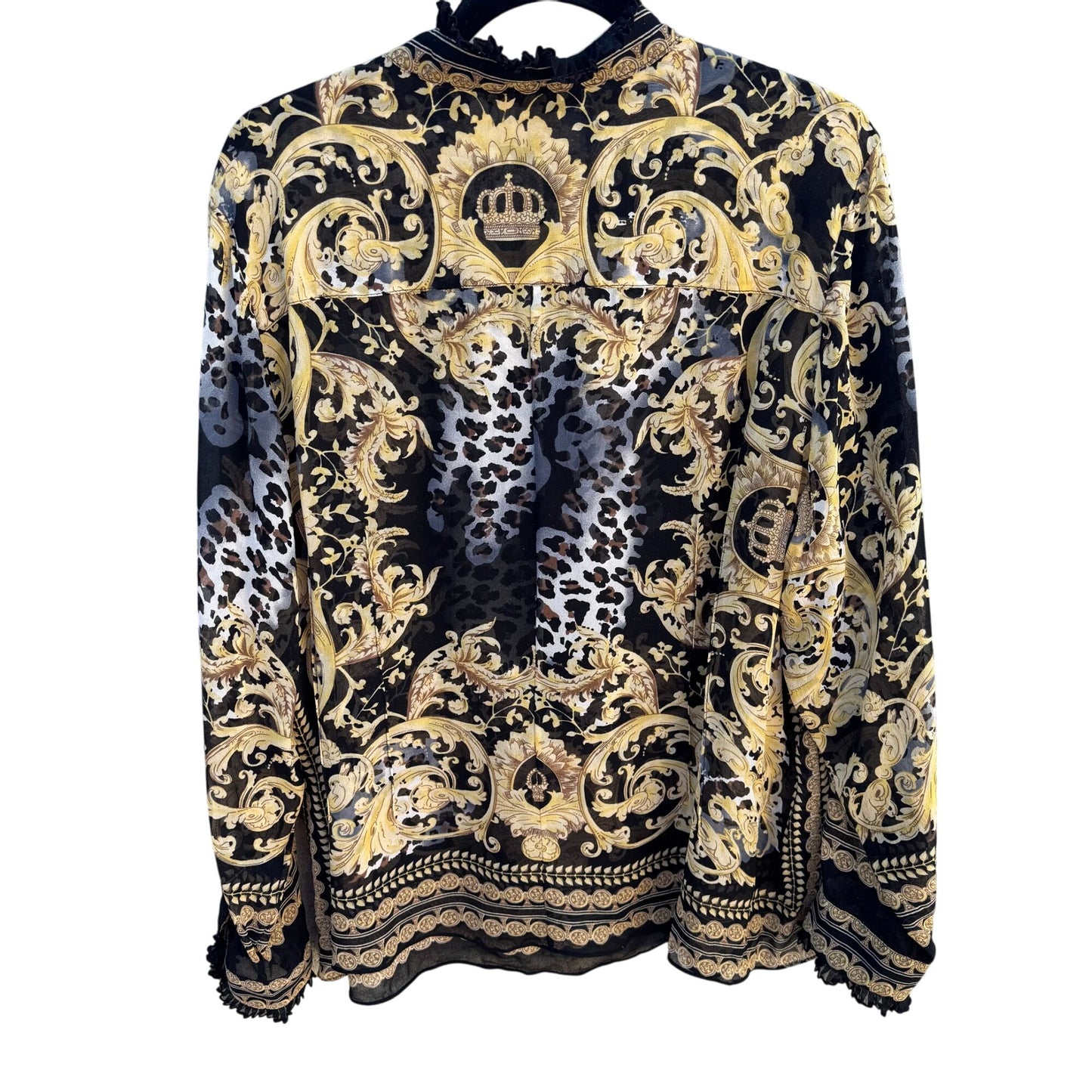 ECI New York Womens Ruffle Trim Black Gold Baroque Glam Leopard Print Blouse 2X