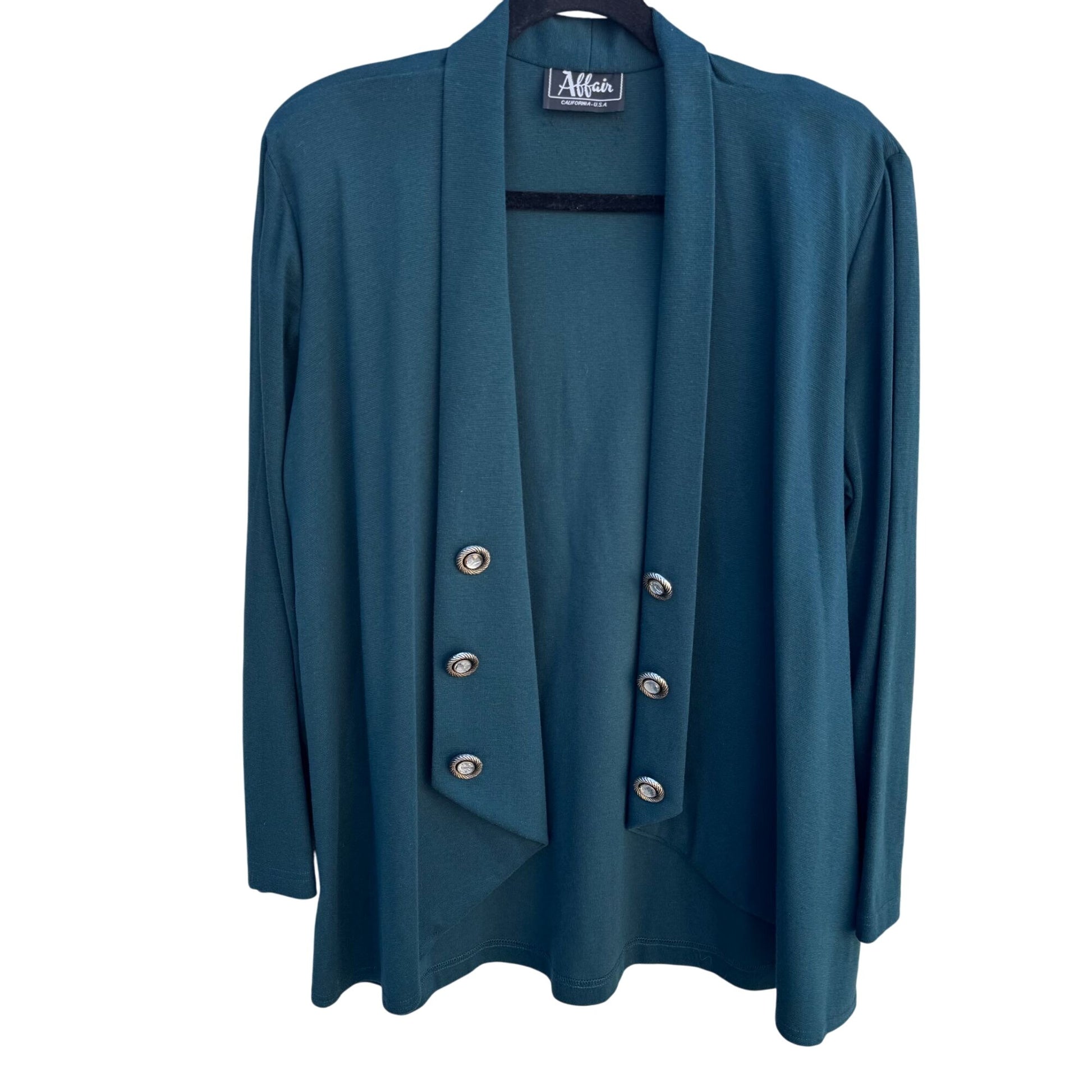 Affair California Vintage Green Decorative Jeweled Buttons Open Front Cardigan