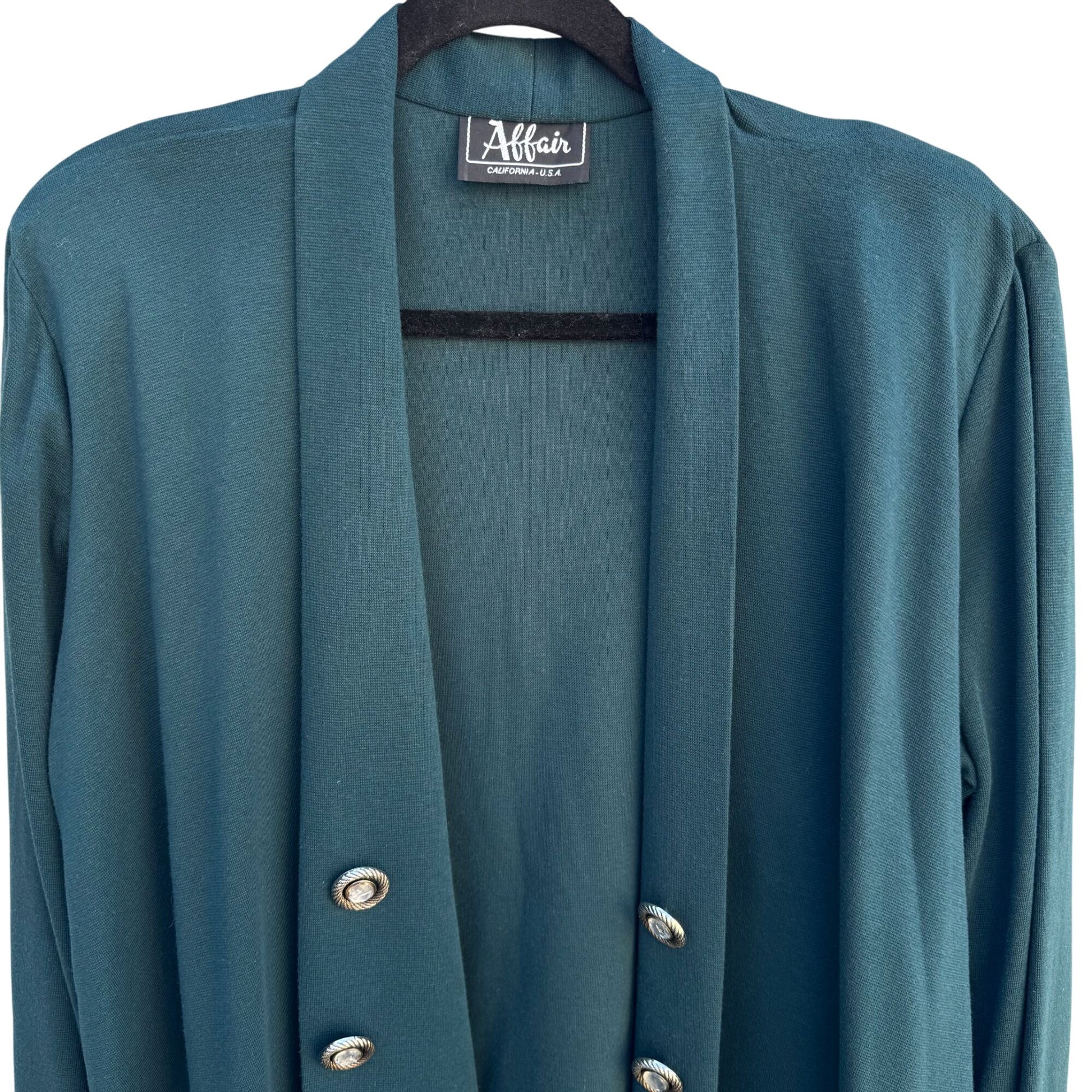 Affair California Vintage Green Decorative Jeweled Buttons Open Front Cardigan