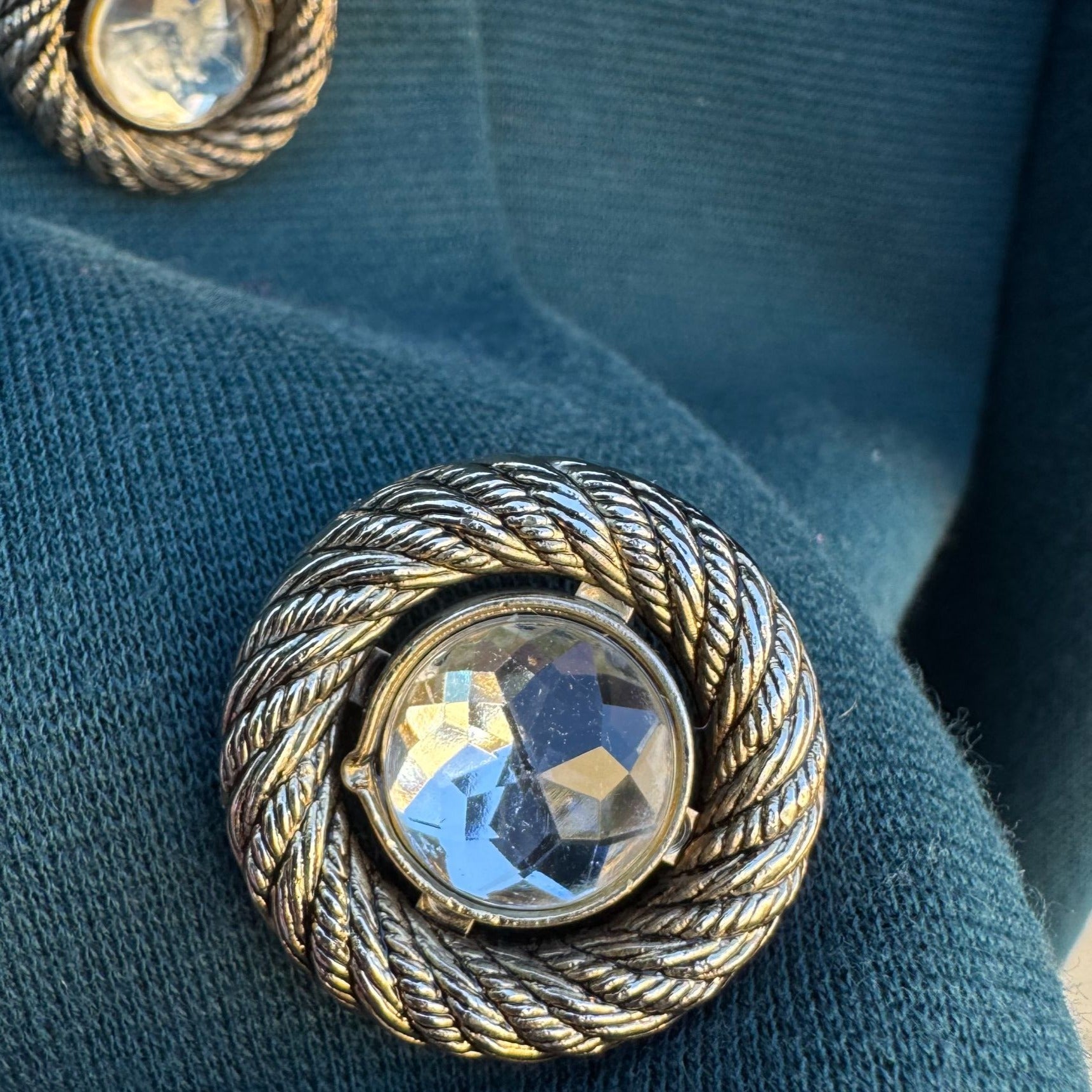 Affair California Vintage Green Decorative Jeweled Buttons Open Front Cardigan