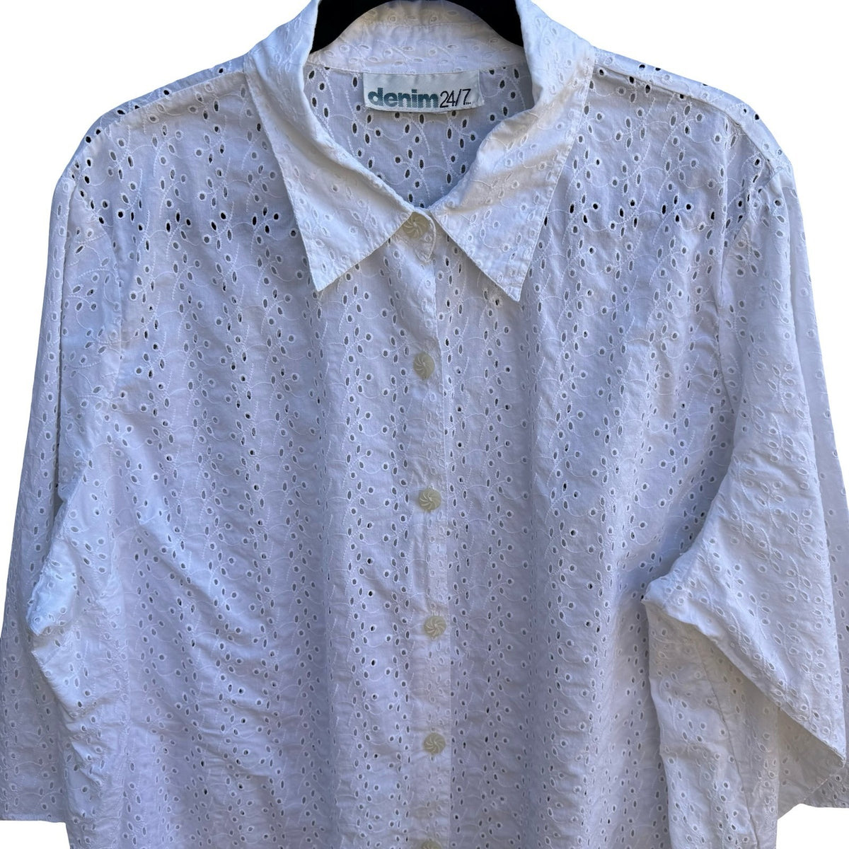 Denim 24/7 Cottagecore Coastal Boho Feminine Chic Eyelet Lace 3/4 Sleeve Blouse