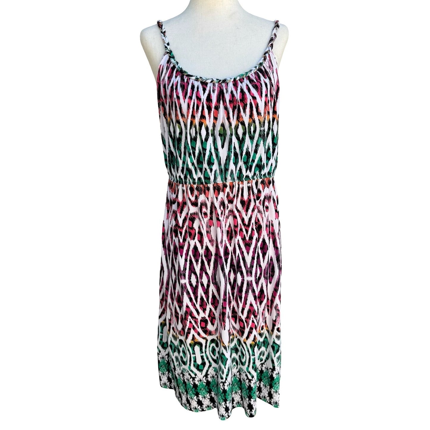 Style & Co Boho Pink Green Ikat Geometric Braided Strap Midi Sundress Womens M