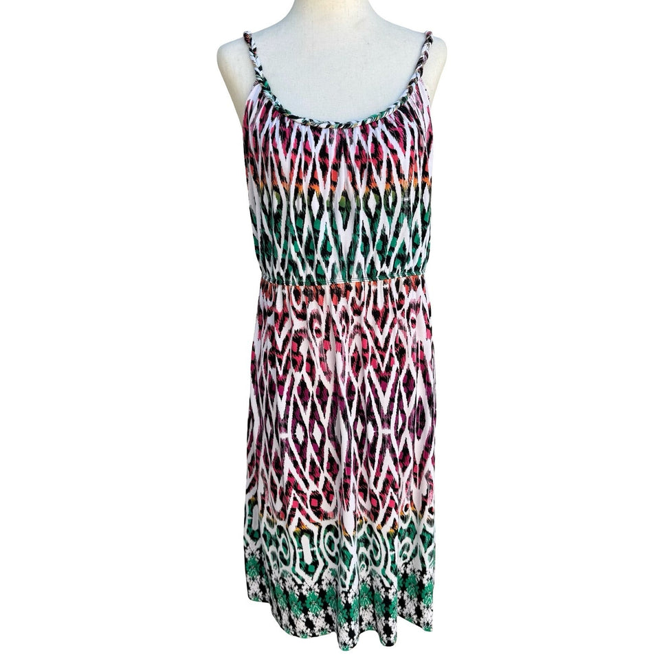Style & Co Boho Pink Green Ikat Geometric Braided Strap Midi Sundress Womens M