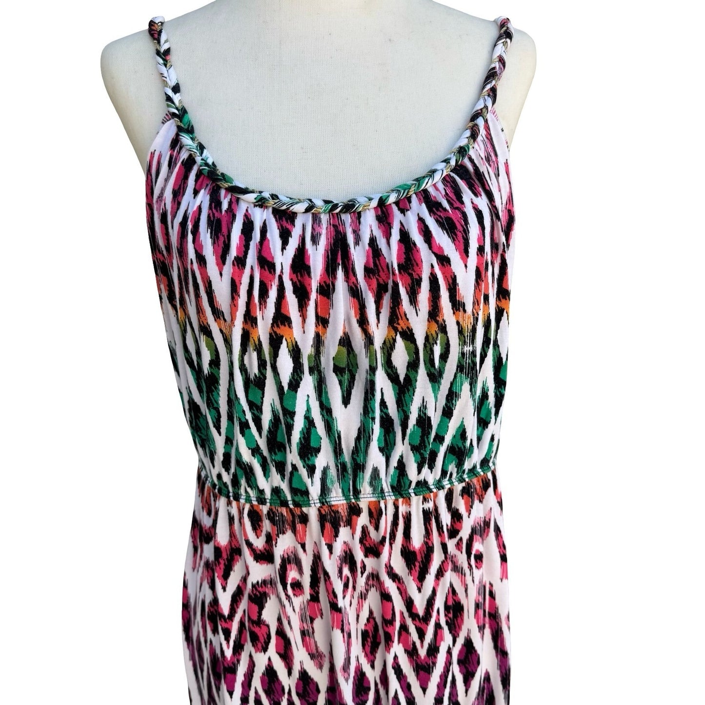 Style & Co Boho Pink Green Ikat Geometric Braided Strap Midi Sundress Womens M