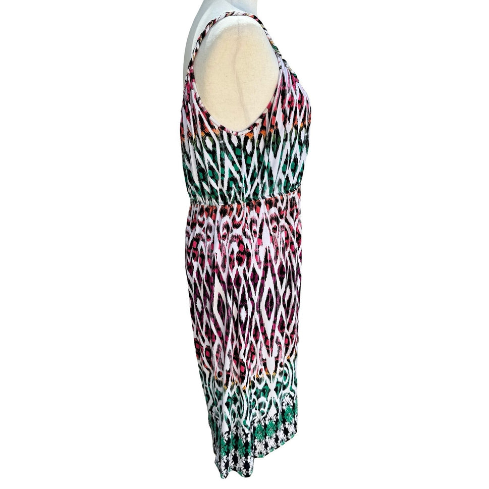 Style & Co Boho Pink Green Ikat Geometric Braided Strap Midi Sundress Womens M