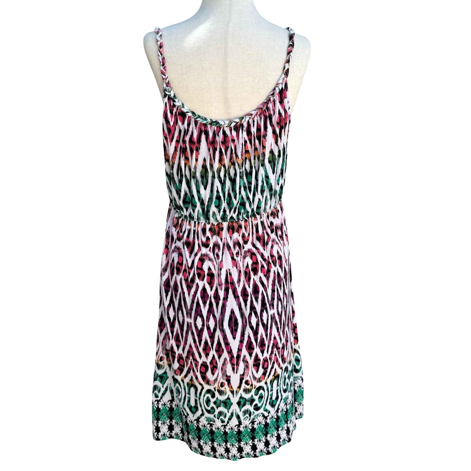 Style & Co Boho Pink Green Ikat Geometric Braided Strap Midi Sundress Womens M