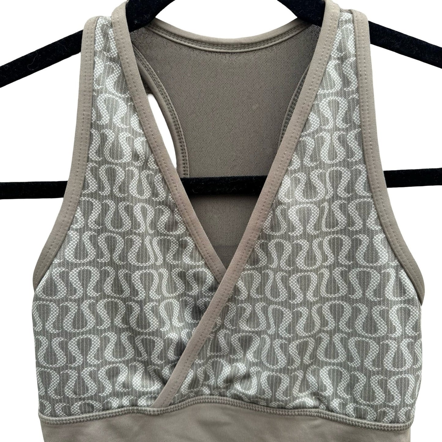 Lululemon Racerback Tank Top V-Neck Shelf Bra Taupe Logo Print 4 Yoga Gorpcore