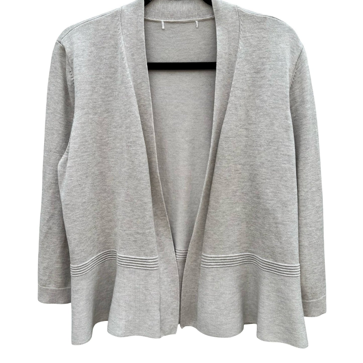 Minimalist Neutral Oatmeal Open Front Peplum Cardigan Sweater Ribbed Waist L