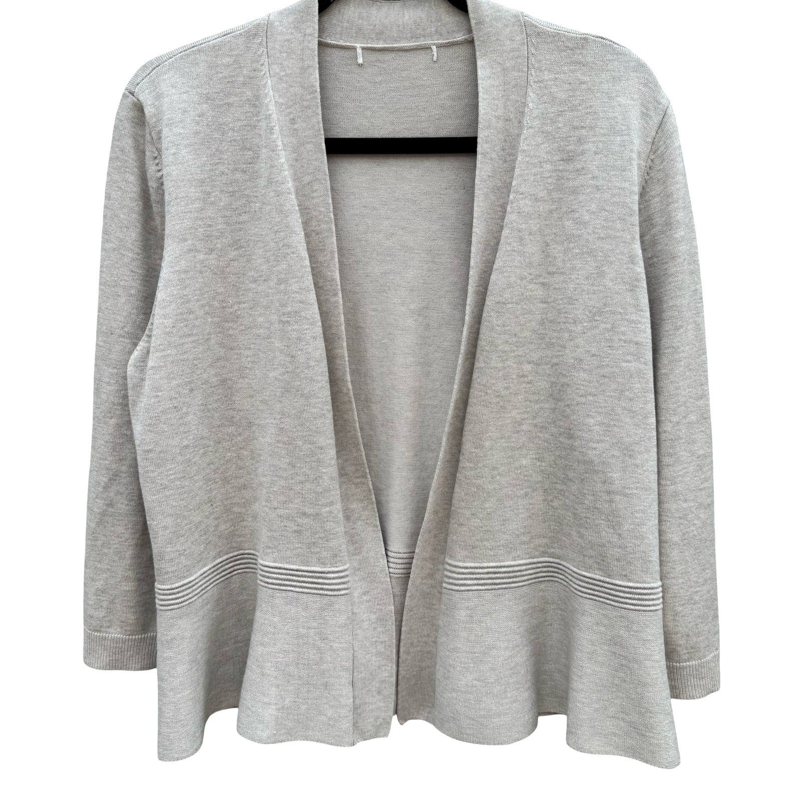 Minimalist Neutral Oatmeal Open Front Peplum Cardigan Sweater Ribbed Waist L