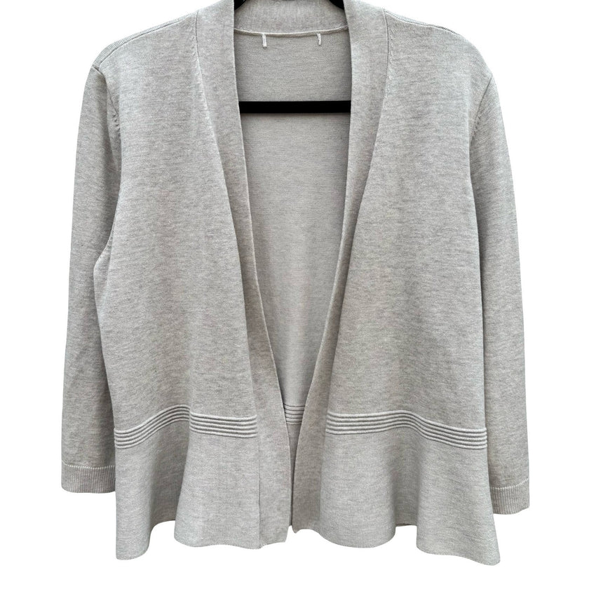 Minimalist Neutral Oatmeal Open Front Peplum Cardigan Sweater Ribbed Waist L