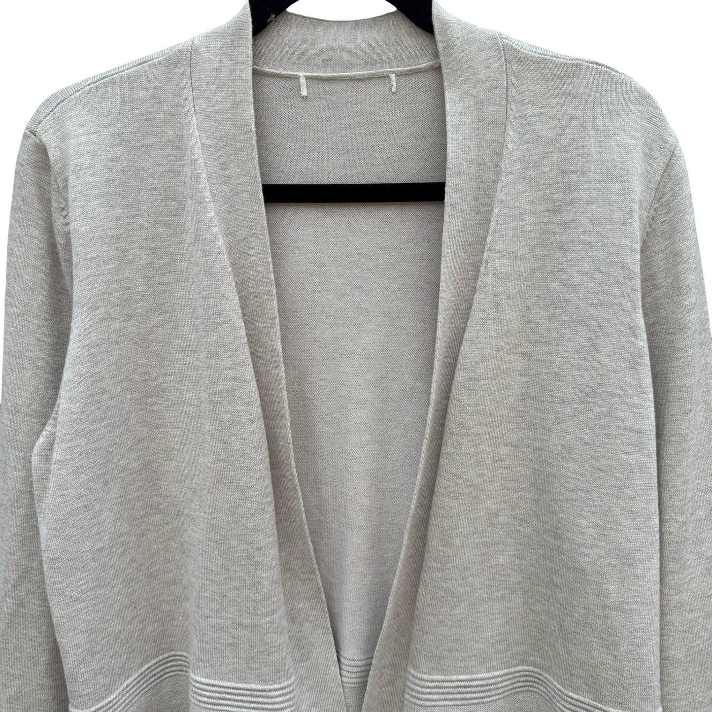 Minimalist Neutral Oatmeal Open Front Peplum Cardigan Sweater Ribbed Waist L