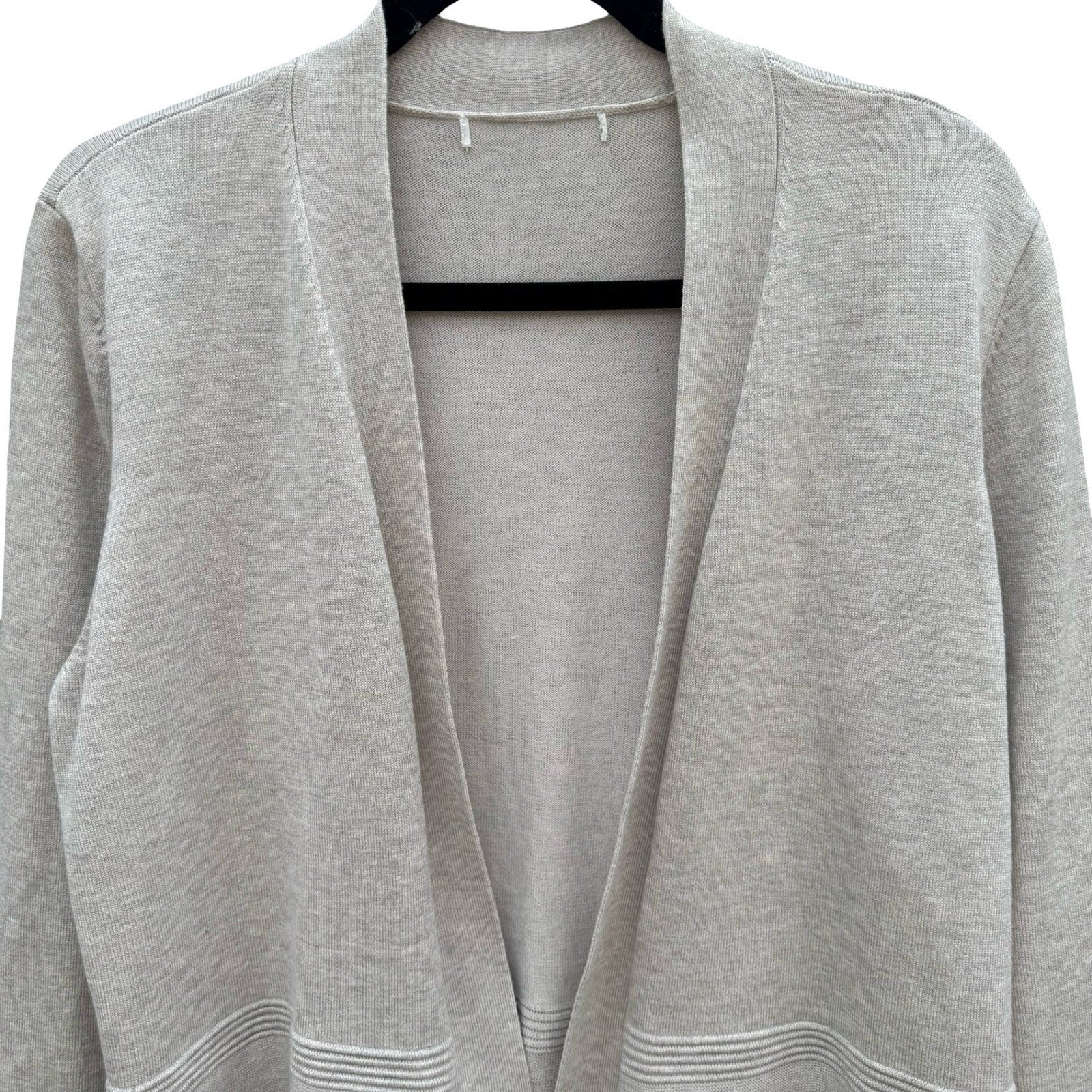 Minimalist Neutral Oatmeal Open Front Peplum Cardigan Sweater Ribbed Waist L