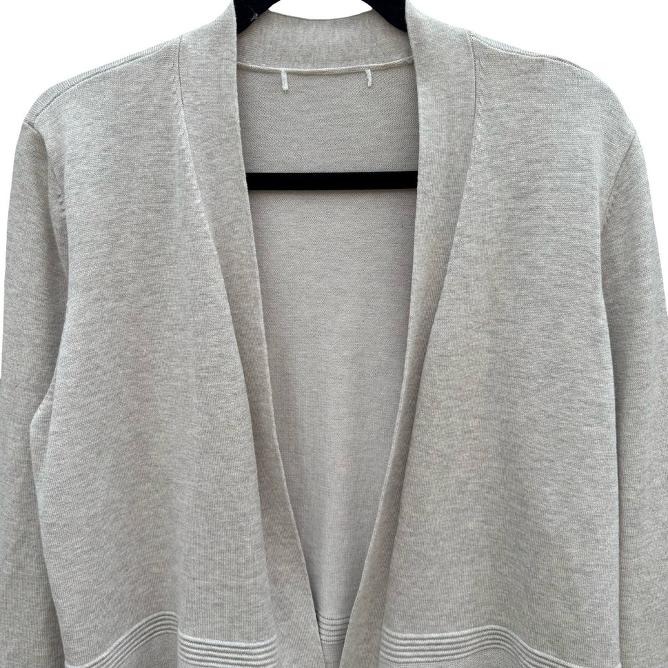 Minimalist Neutral Oatmeal Open Front Peplum Cardigan Sweater Ribbed Waist L