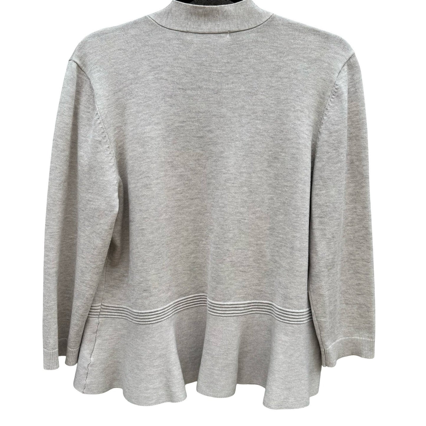 Minimalist Neutral Oatmeal Open Front Peplum Cardigan Sweater Ribbed Waist L