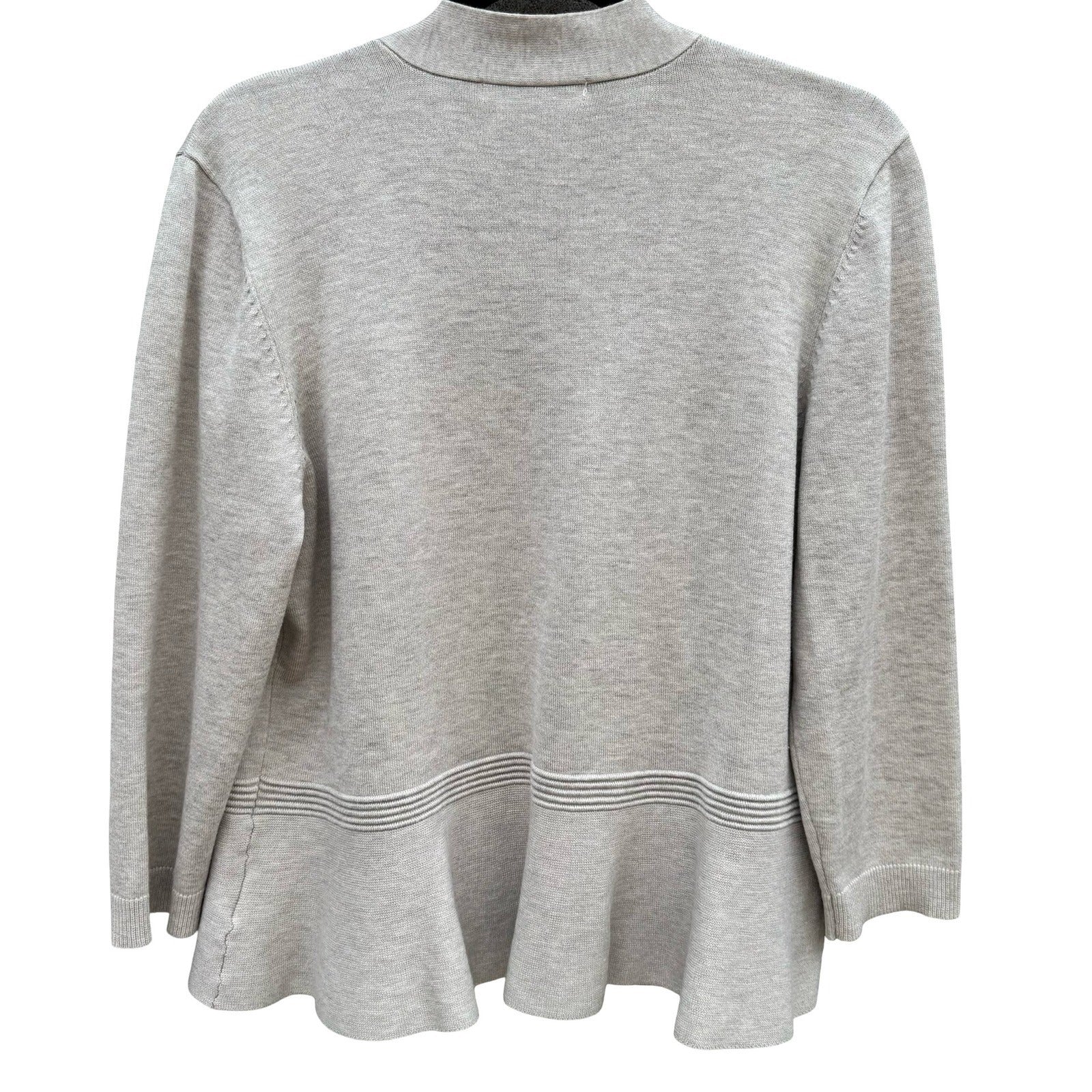 Minimalist Neutral Oatmeal Open Front Peplum Cardigan Sweater Ribbed Waist L